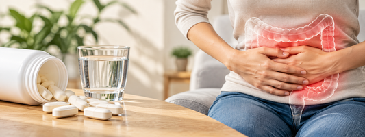 Woman holding her stomach beside calcium supplement tablets and a glass of water